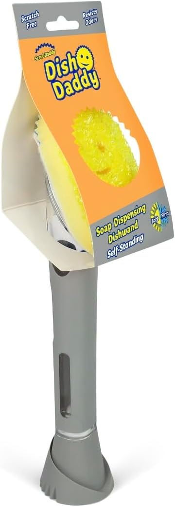 Scrub Daddy Dish Daddy Self-Standing Soap Dispensing Dishwand with FlexTexture Foam Head and Replaceable Heads