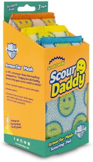 Scrub Daddy’s Scour Daddy Scouring Pad - Heat Treated ArmorTec Mesh to Release Food Particles - Strong, Thick and Absorbent Scouring Pad - 3 Scouring Pads