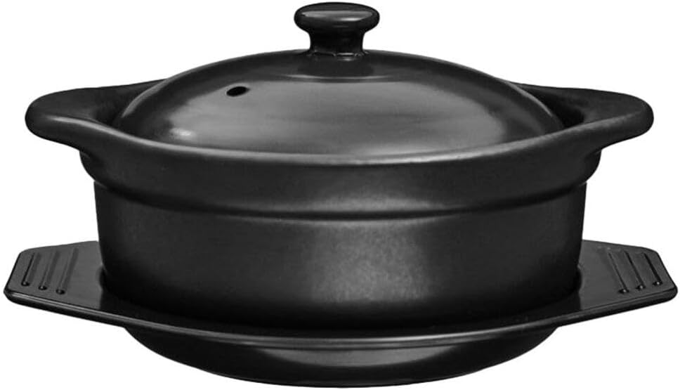 Zerodeko Korean Ceramic Bowl with Lid and Trivet Black Casserole Clay Pot 1.26 Sizzling Hot Pot with Double Handles Stew Pot Cooking Pot for Dolsot Bibimbap Soup