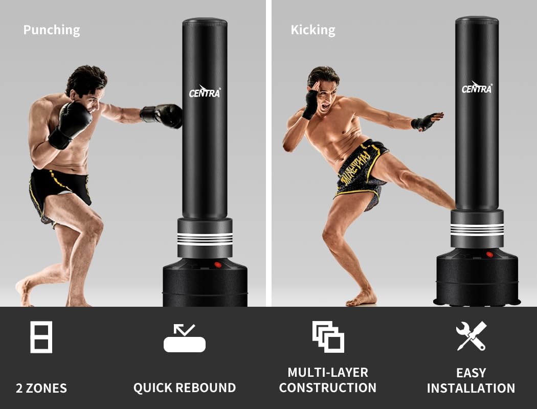 Centra Boxing Punching Bag Free Standing Speed Bag Kick Training 170cm/175cm, Strong Suction Cup Boxing Bag with Punching Kicking Zone, Freestanding Heavy Punching Bag for Home, Office, Gym, Black