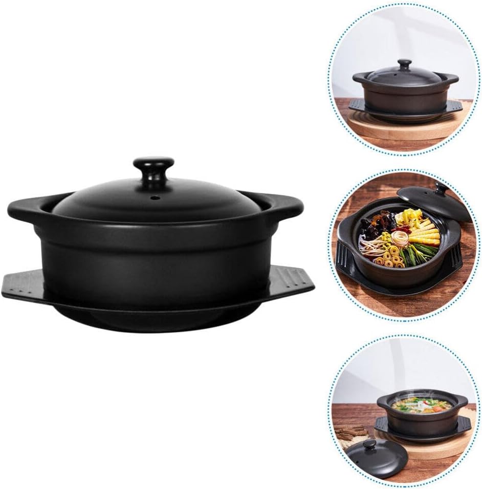 Zerodeko Korean Ceramic Bowl with Lid and Trivet Black Casserole Clay Pot 1.26 Sizzling Hot Pot with Double Handles Stew Pot Cooking Pot for Dolsot Bibimbap Soup