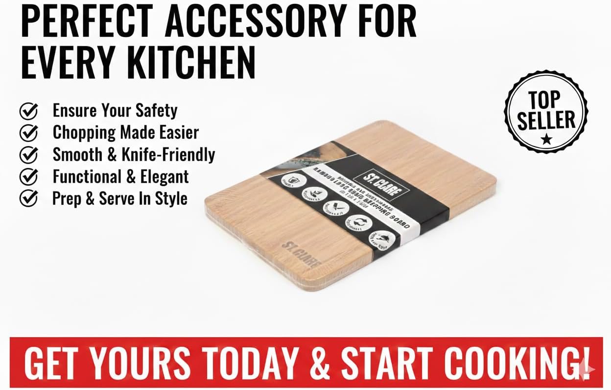 St. Clare Premium Bamboo Long-Grain Chopping Board – 30x20cm Durable Wooden Cutting Board for Kitchen – Knife-Friendly Surface & Professional Grade Serving Platter for Meat, Veggies & Cheese