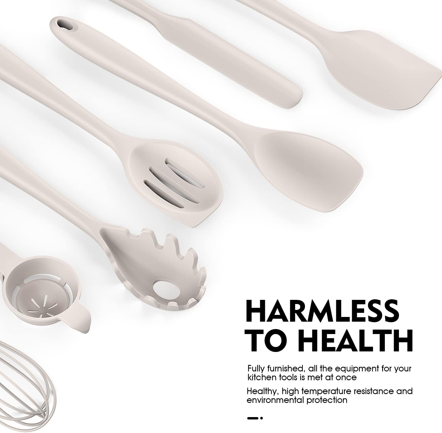 Dishwasher Safe Silicone Cooking Utensils Set - 446°F Heat Resistant Basic Silicone Kitchen Utensils,Turner Tongs, Spatula, Spoon, Brush, Whisk, Gadgets Tools for Nonstick Cookware (BPA Free - Khaki)