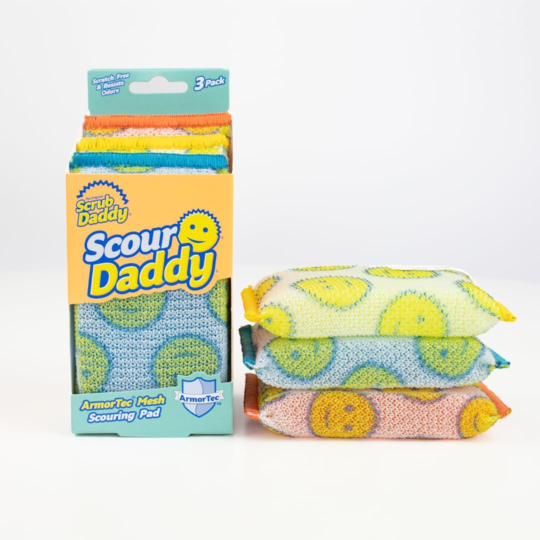 Scrub Daddy’s Scour Daddy Scouring Pad - Heat Treated ArmorTec Mesh to Release Food Particles - Strong, Thick and Absorbent Scouring Pad - 3 Scouring Pads
