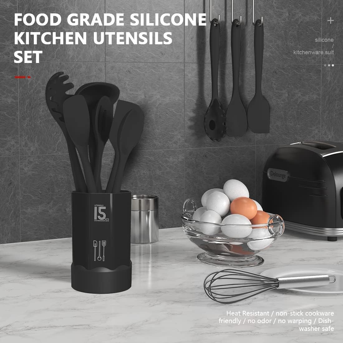 Dishwasher Safe Silicone Cooking Utensils Set - 446°F Heat Resistant Basic Silicone Kitchen Utensils,Turner Tongs, Spatula, Spoon, Brush, Whisk, Gadgets Tools for Nonstick Cookware (BPA Free - Khaki)