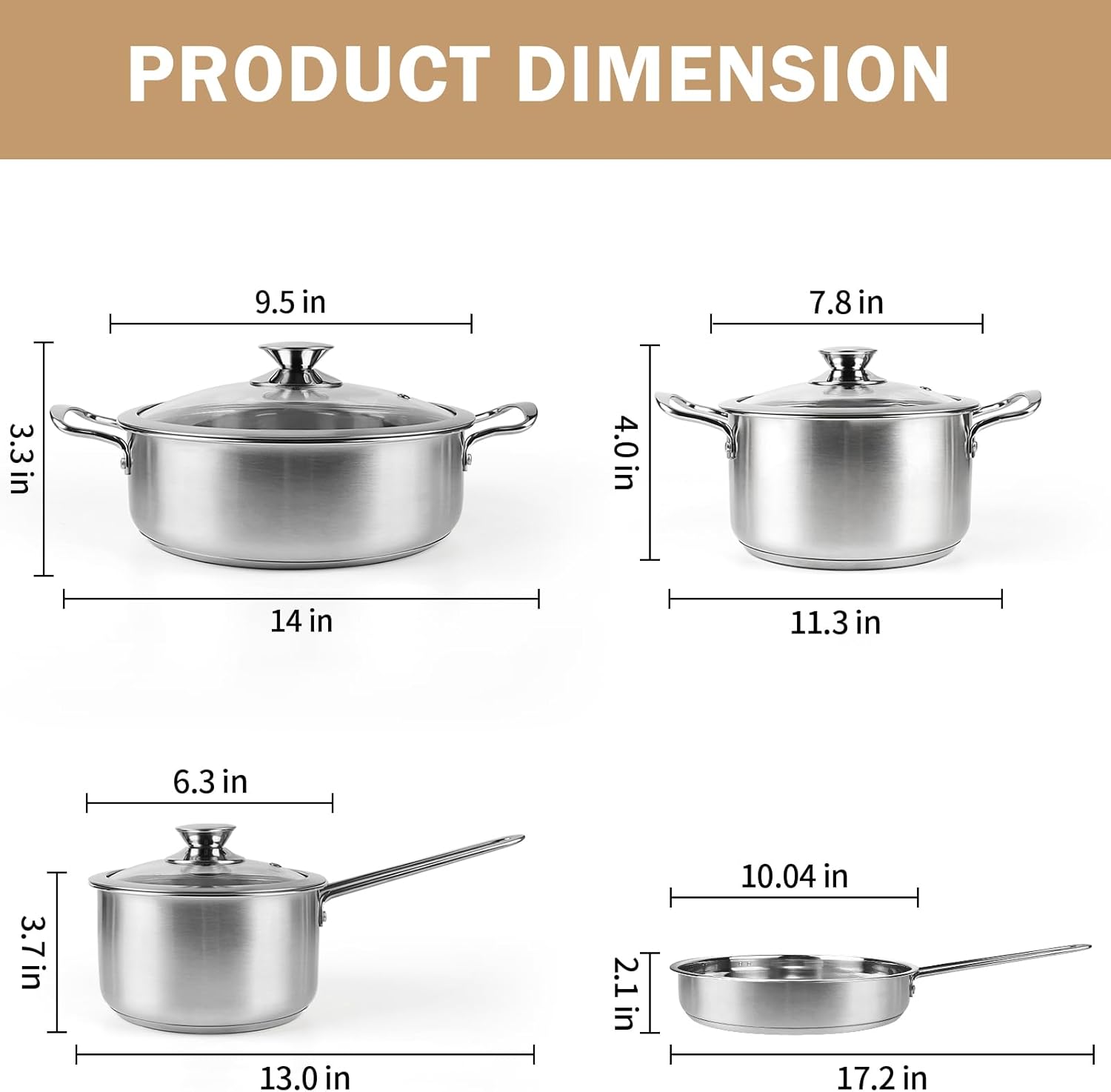Stainless Steel Pots and Pans Set, 7-Piece Kitchen Cookware Sets with Glass Lids, Stay-Cool Handle, Oven Safe, Works with Induction, Electric and Gas Cooktops