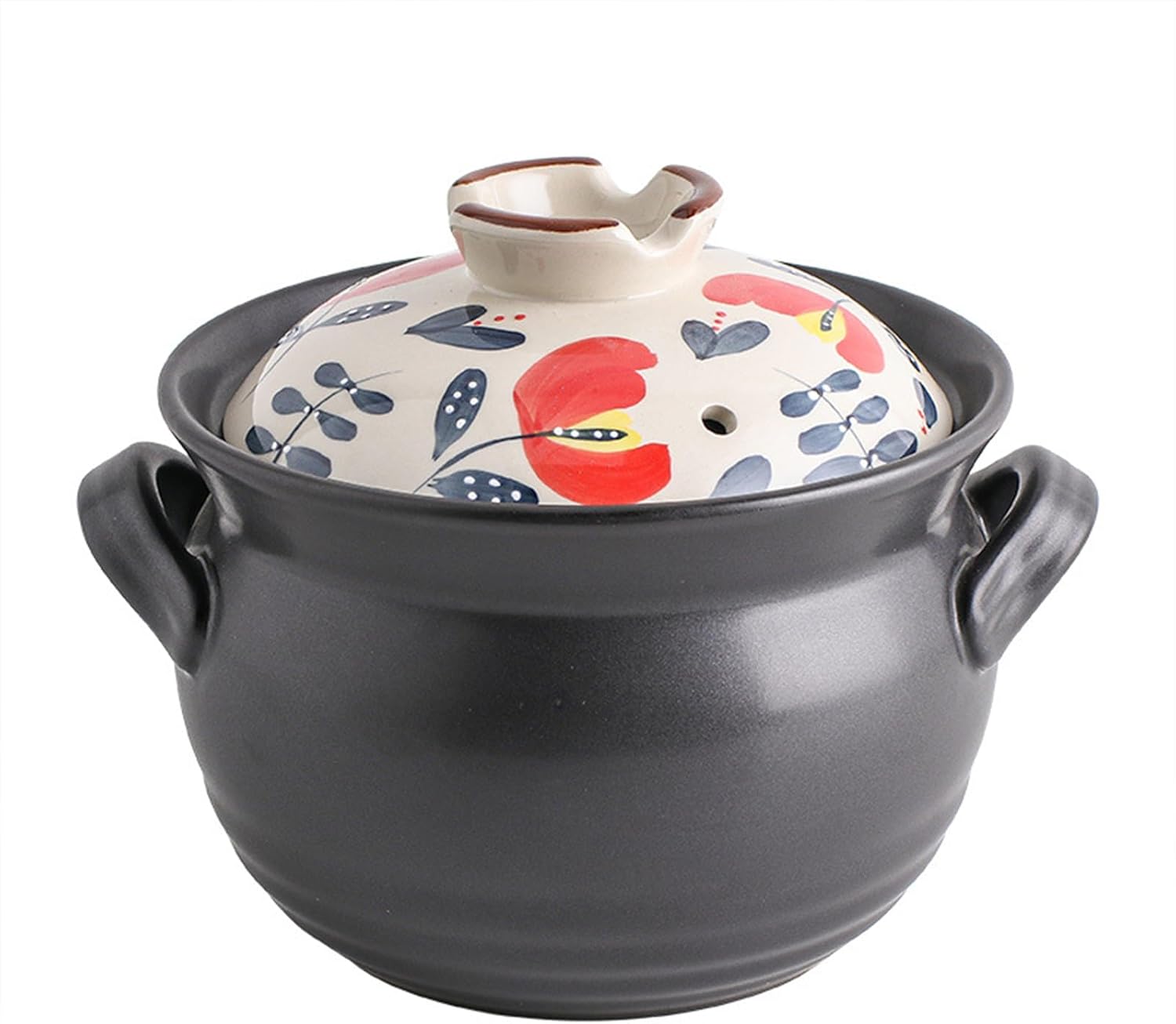 Ceramic Casserole Dish, Clay Pot, Earthen Pot Cookware with Lid, Stockpot for Stew, Soup, Steam, Oven Safe-Heat Resistant (FlowersPlants, 3.7QT)