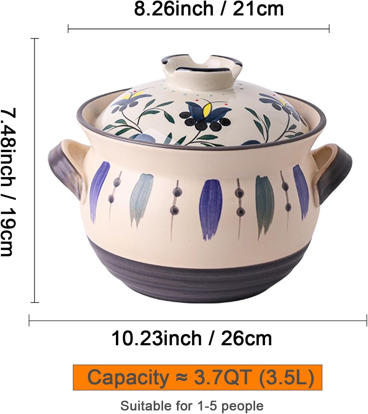 Ceramic Casserole Dish, Clay Pot, Earthen Pot Cookware with Lid, Stockpot for Stew, Soup, Steam, Oven Safe-Heat Resistant (FlowersPlants, 3.7QT)