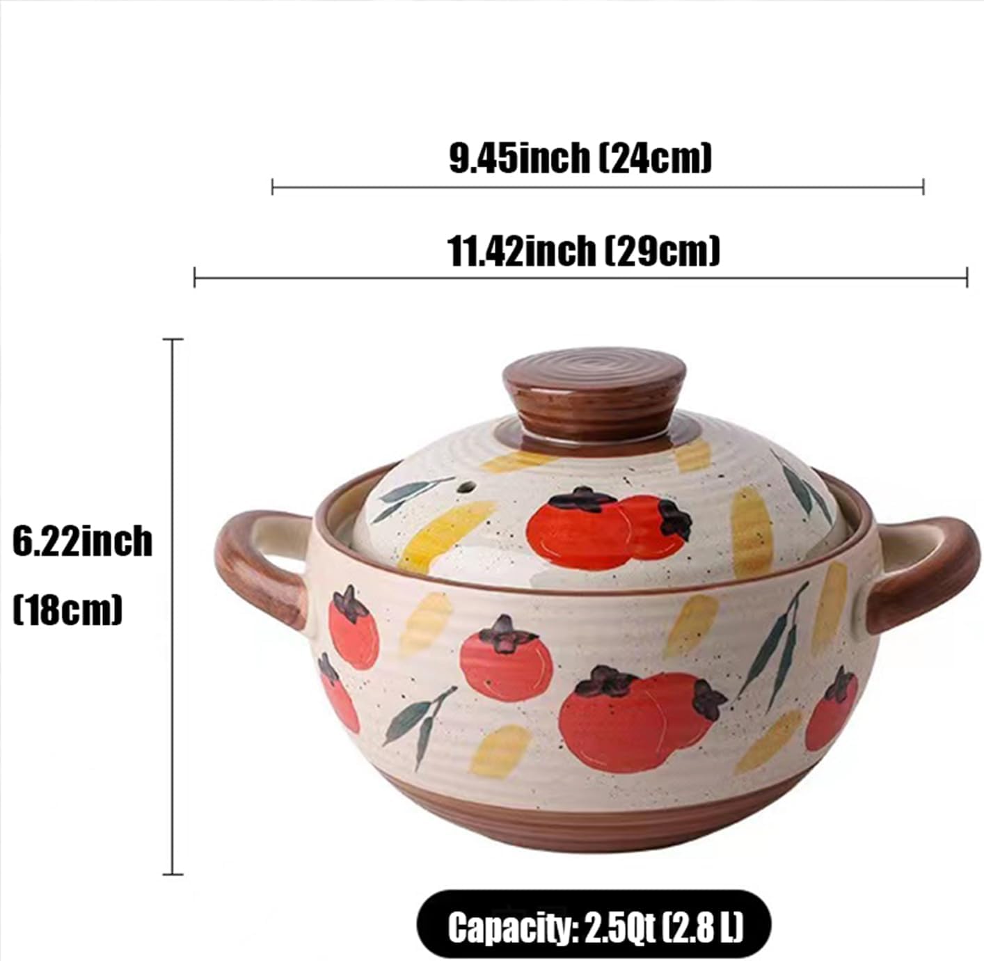 Ceramic Casserole Dish, Clay Pot, Earthen Pot Cookware with Lid, Stockpot for Stew, Soup, Steam, Oven Safe-Heat Resistant (FlowersPlants, 3.7QT)