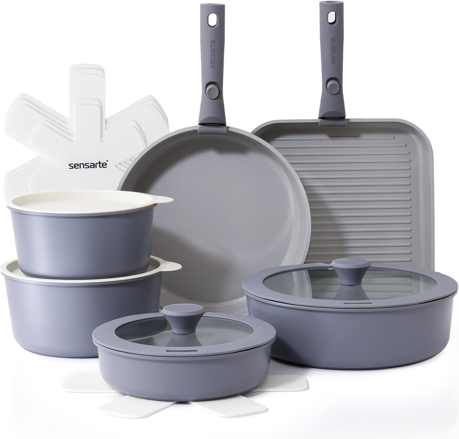 SENSARTE 17 Piece Pots and Pans Set, Nonstick Detachable Handle Cookware, Induction Kitchen Cookware Set with Removable Handle, Healthy Non Stick RV Cookware, Dishwasher ＆ Oven Safe, (Black)