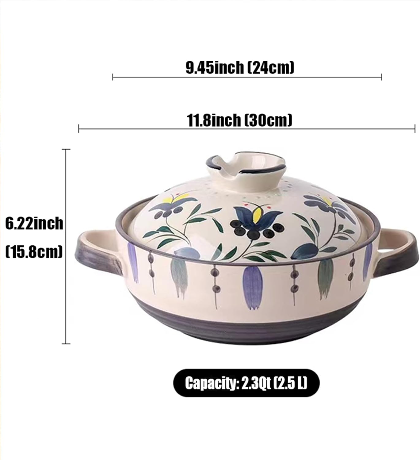 Ceramic Casserole Dish, Clay Pot, Earthen Pot Cookware with Lid, Stockpot for Stew, Soup, Steam, Oven Safe-Heat Resistant (FlowersPlants, 3.7QT)