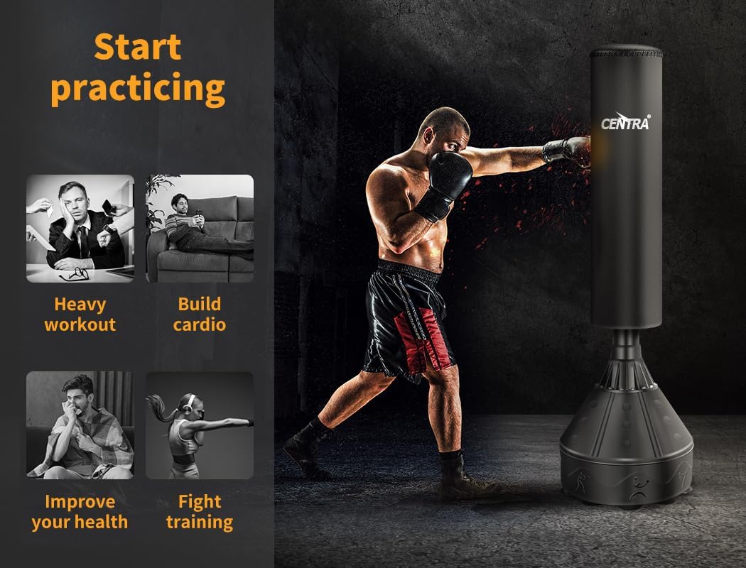 Centra Boxing Punching Bag Free Standing Speed Bag Kick Training 170cm/175cm, Strong Suction Cup Boxing Bag with Punching Kicking Zone, Freestanding Heavy Punching Bag for Home, Office, Gym, Black