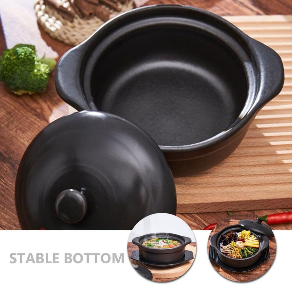 Zerodeko Korean Ceramic Bowl with Lid and Trivet Black Casserole Clay Pot 1.26 Sizzling Hot Pot with Double Handles Stew Pot Cooking Pot for Dolsot Bibimbap Soup