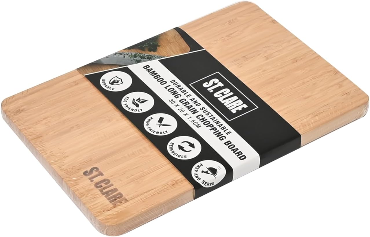 St. Clare Premium Bamboo Long-Grain Chopping Board – 30x20cm Durable Wooden Cutting Board for Kitchen – Knife-Friendly Surface & Professional Grade Serving Platter for Meat, Veggies & Cheese
