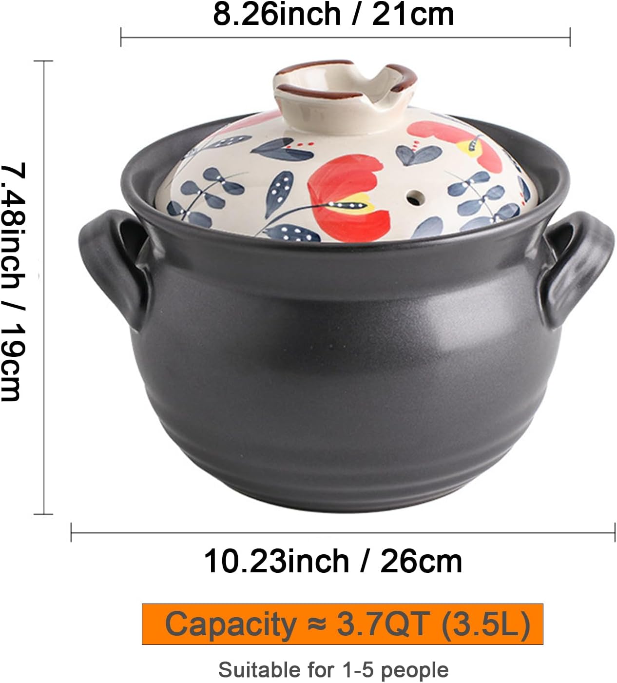 Ceramic Casserole Dish, Clay Pot, Earthen Pot Cookware with Lid, Stockpot for Stew, Soup, Steam, Oven Safe-Heat Resistant (FlowersPlants, 3.7QT)