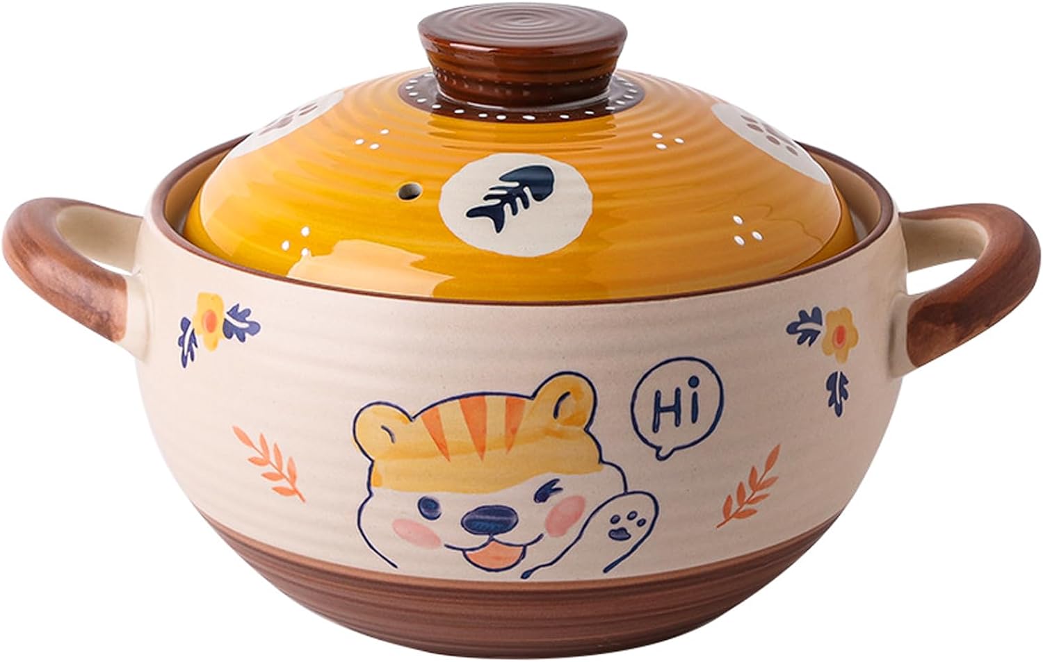 Ceramic Casserole Dish, Clay Pot, Earthen Pot Cookware with Lid, Stockpot for Stew, Soup, Steam, Oven Safe-Heat Resistant (FlowersPlants, 3.7QT)