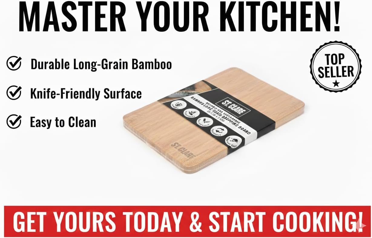 St. Clare Premium Bamboo Long-Grain Chopping Board – 30x20cm Durable Wooden Cutting Board for Kitchen – Knife-Friendly Surface & Professional Grade Serving Platter for Meat, Veggies & Cheese