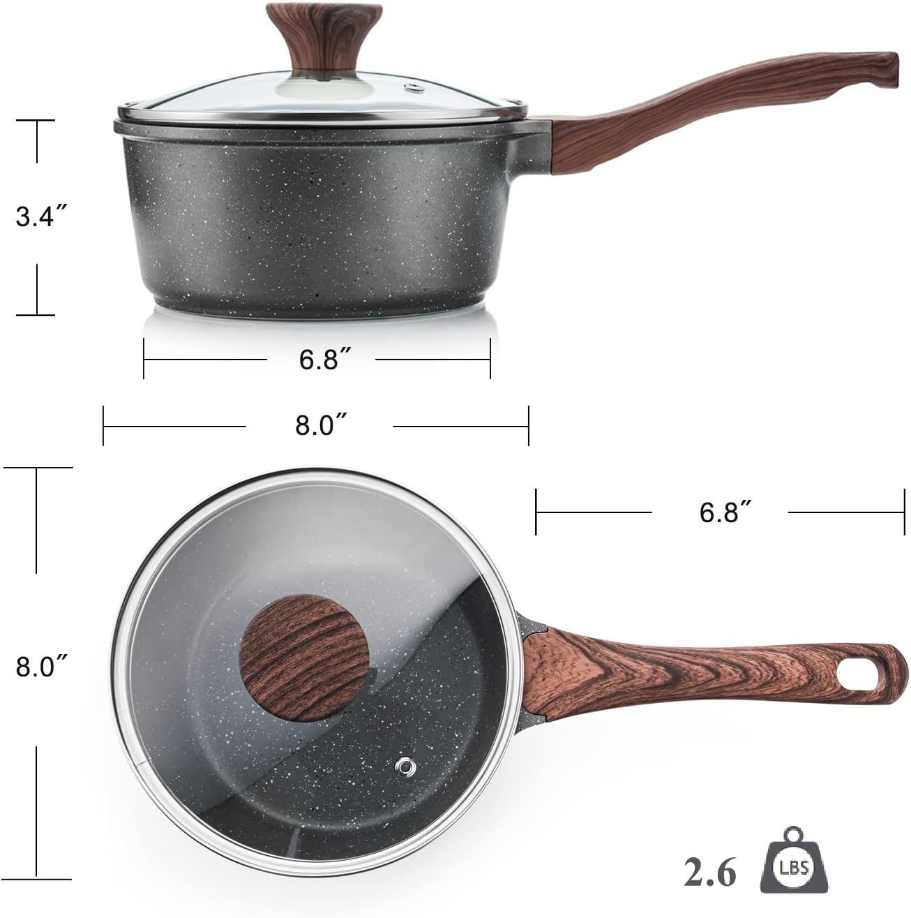 SENSARTE White Ceramic Nonstick Saucepan with Double Spout 22cm, Medium Cooking Pot with Stay Cool Handle, Induction Compatible Saucepot with Lid, White Granite Coating, PTFE/PFOA/PFAS Free