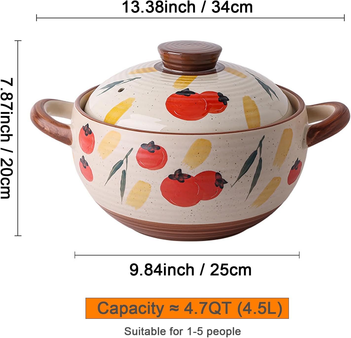 Ceramic Casserole Dish, Clay Pot, Earthen Pot Cookware with Lid, Stockpot for Stew, Soup, Steam, Oven Safe-Heat Resistant (FlowersPlants, 3.7QT)