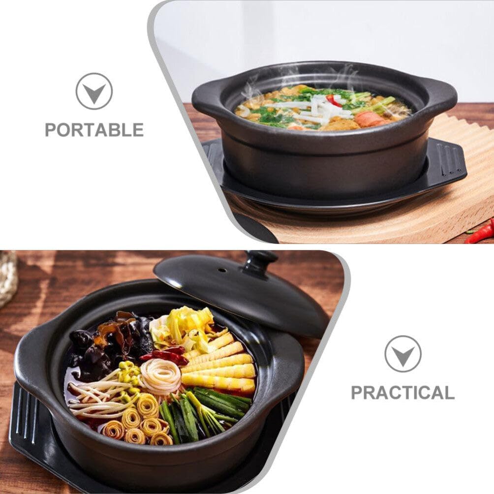 Zerodeko Korean Ceramic Bowl with Lid and Trivet Black Casserole Clay Pot 1.26 Sizzling Hot Pot with Double Handles Stew Pot Cooking Pot for Dolsot Bibimbap Soup