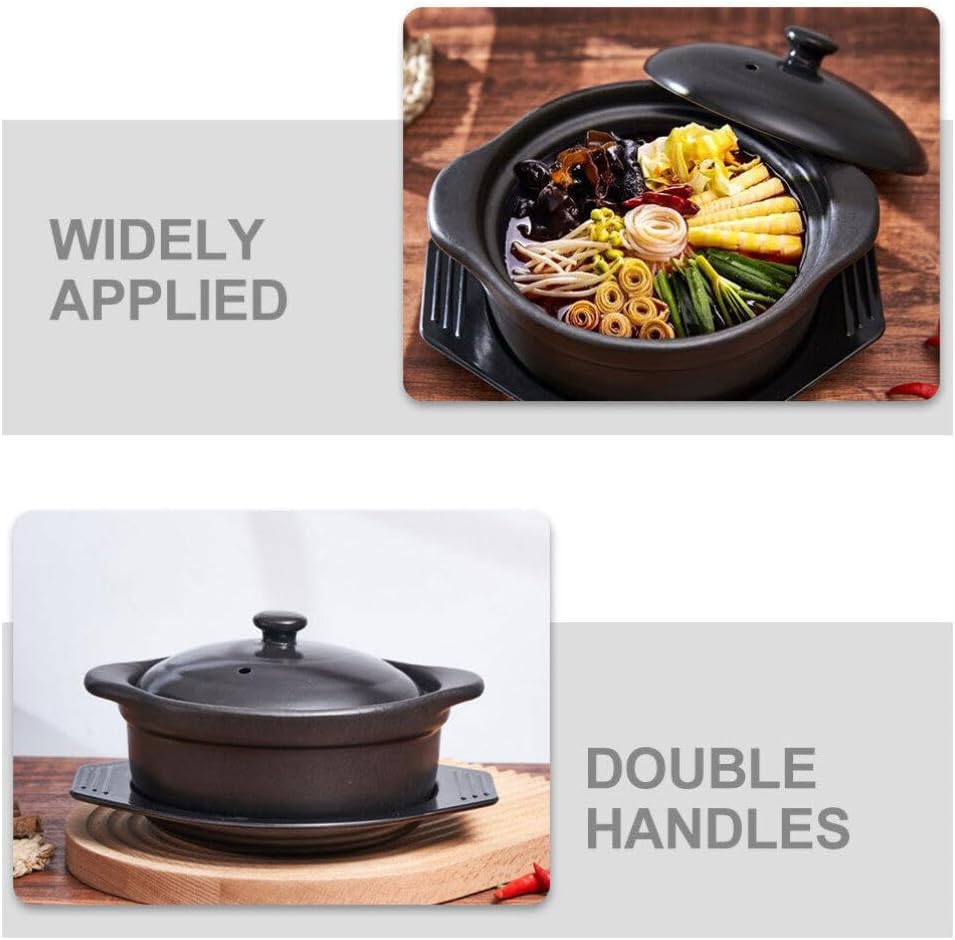 Zerodeko Korean Ceramic Bowl with Lid and Trivet Black Casserole Clay Pot 1.26 Sizzling Hot Pot with Double Handles Stew Pot Cooking Pot for Dolsot Bibimbap Soup