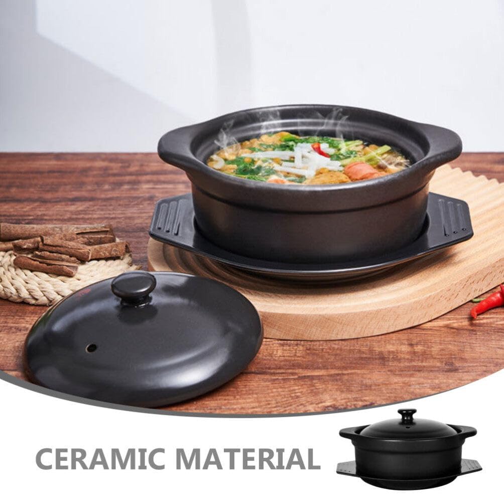 Zerodeko Korean Ceramic Bowl with Lid and Trivet Black Casserole Clay Pot 1.26 Sizzling Hot Pot with Double Handles Stew Pot Cooking Pot for Dolsot Bibimbap Soup