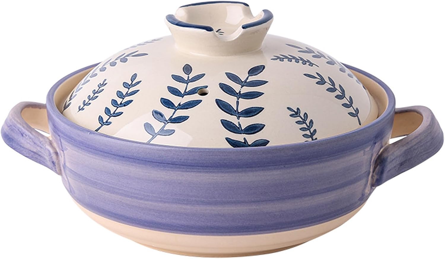 Ceramic Casserole Dish, Clay Pot, Earthen Pot Cookware with Lid, Stockpot for Stew, Soup, Steam, Oven Safe-Heat Resistant (FlowersPlants, 3.7QT)