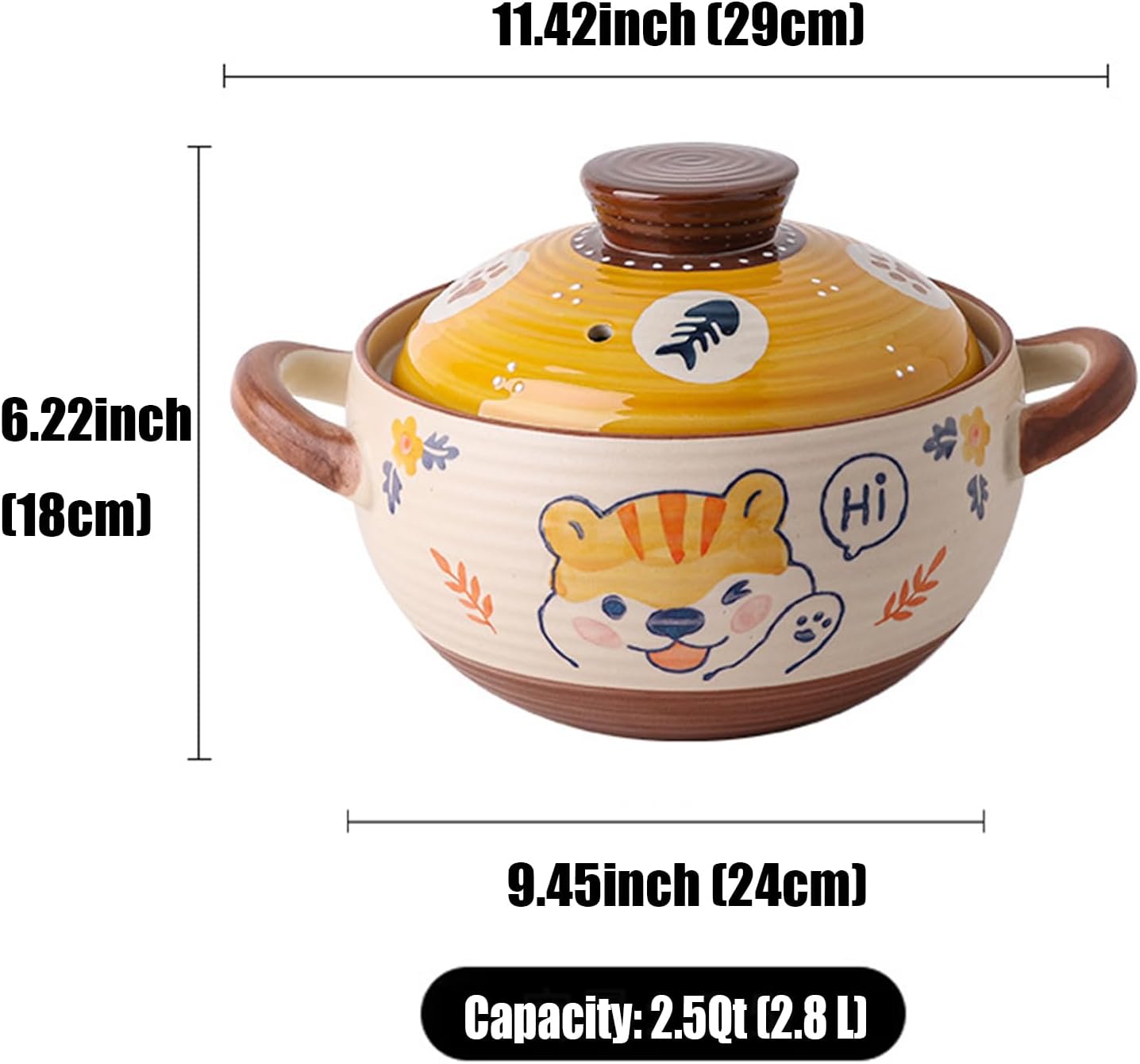 Ceramic Casserole Dish, Clay Pot, Earthen Pot Cookware with Lid, Stockpot for Stew, Soup, Steam, Oven Safe-Heat Resistant (FlowersPlants, 3.7QT)