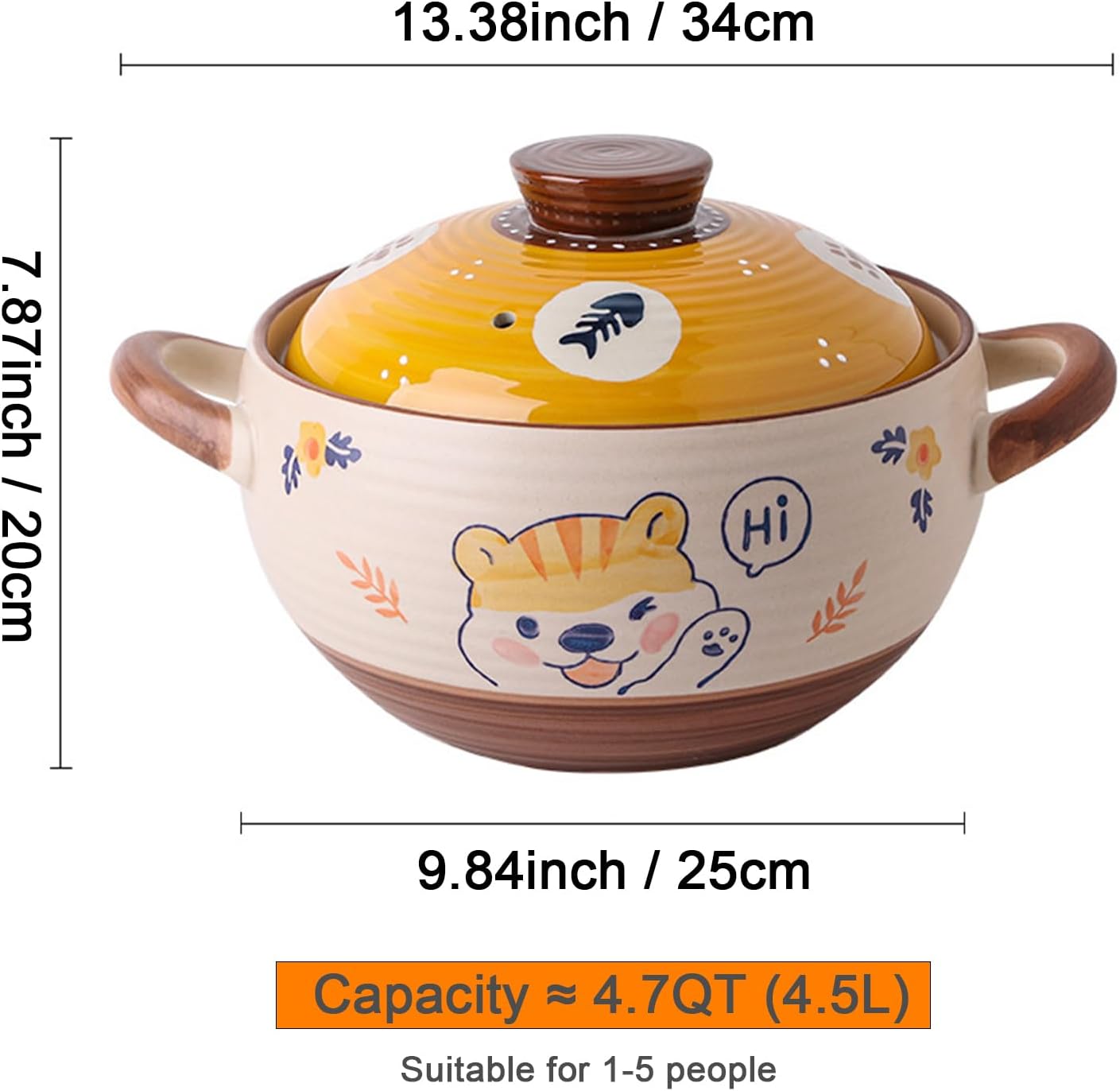 Ceramic Casserole Dish, Clay Pot, Earthen Pot Cookware with Lid, Stockpot for Stew, Soup, Steam, Oven Safe-Heat Resistant (FlowersPlants, 3.7QT)