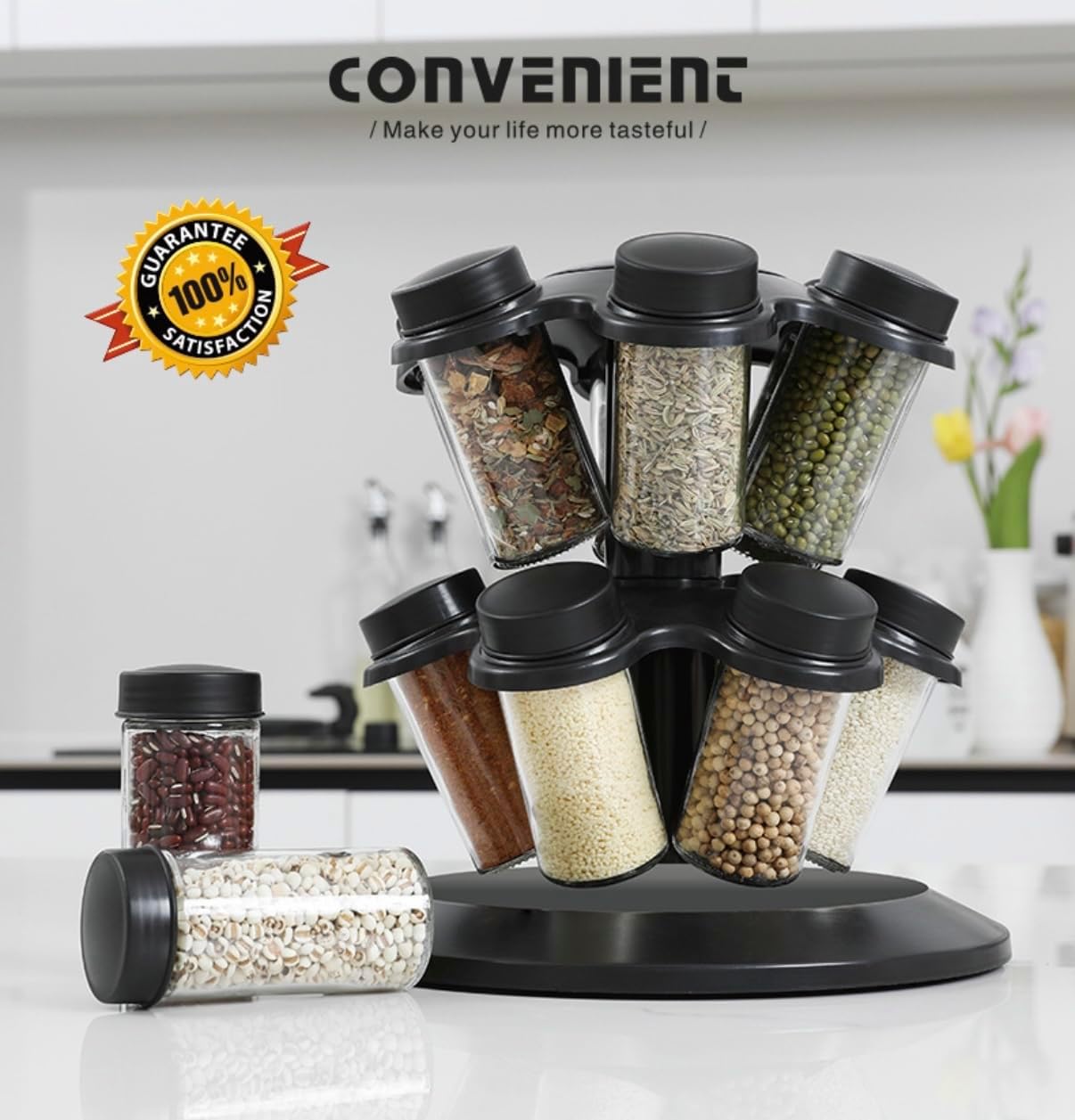 18 in 1 Rotating Spice Rack, Ferris Wheel-Shaped Spice Organizer with 18 Glass Jars - Large Capacity, Stable and Heavy-Duty for Kitchen Countertop, Easy Access (Ferris wheel Shape)