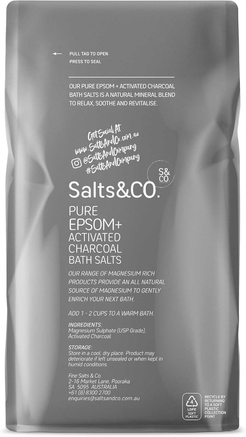 Salts & Co. Pure Epsom & Activated Charcoal Bath Salts 1kg | Unscented Magnesium Sulphate Soaking Salts for Bath & Foot Soaks, Home Spa & Self-Care Rituals