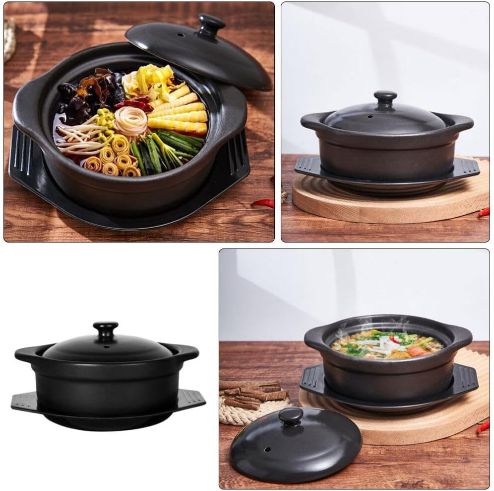 Zerodeko Korean Ceramic Bowl with Lid and Trivet Black Casserole Clay Pot 1.26 Sizzling Hot Pot with Double Handles Stew Pot Cooking Pot for Dolsot Bibimbap Soup