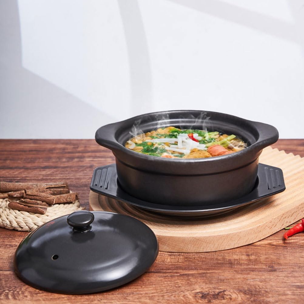 Zerodeko Korean Ceramic Bowl with Lid and Trivet Black Casserole Clay Pot 1.26 Sizzling Hot Pot with Double Handles Stew Pot Cooking Pot for Dolsot Bibimbap Soup