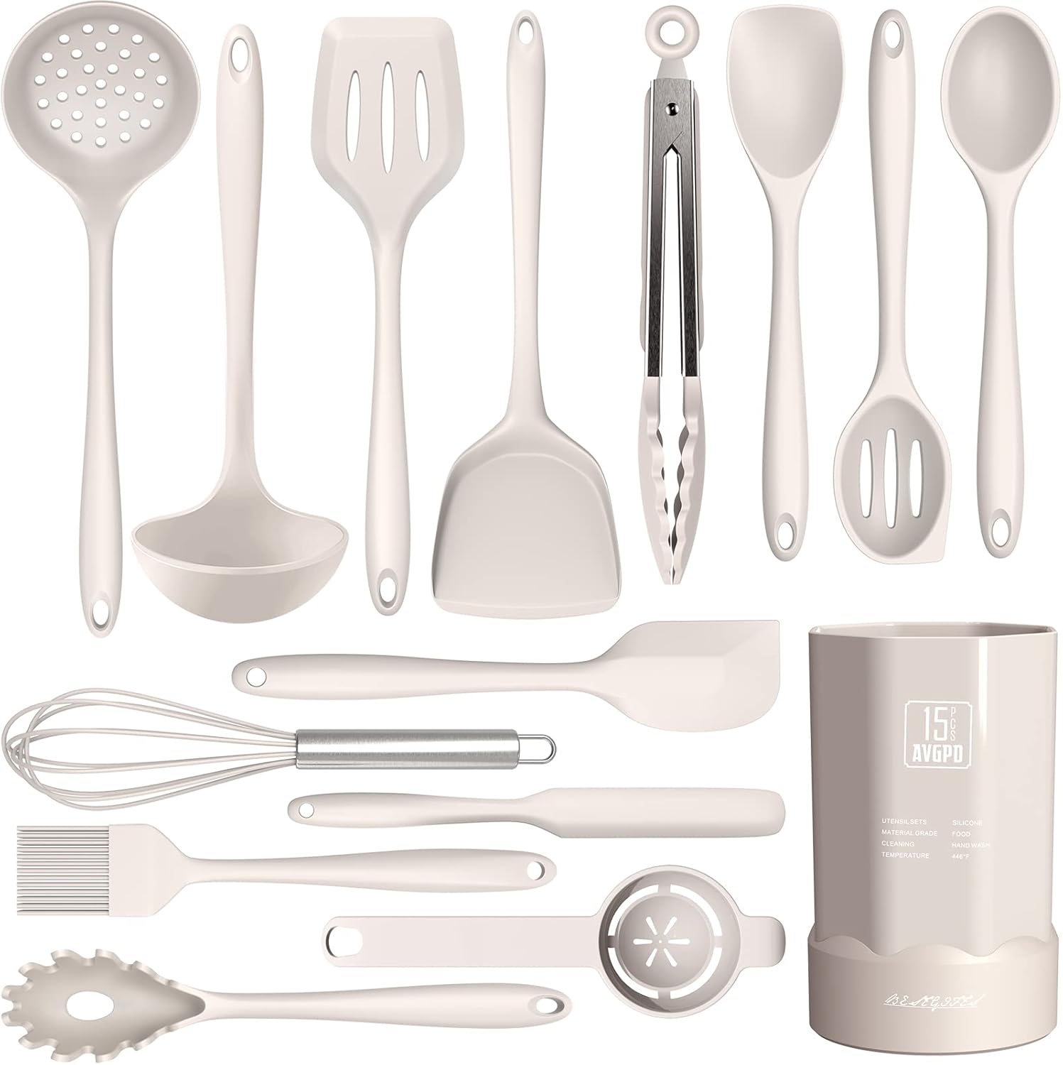Dishwasher Safe Silicone Cooking Utensils Set - 446°F Heat Resistant Basic Silicone Kitchen Utensils,Turner Tongs, Spatula, Spoon, Brush, Whisk, Gadgets Tools for Nonstick Cookware (BPA Free - Khaki)
