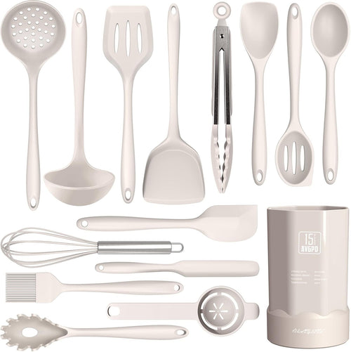 Dishwasher Safe Silicone Cooking Utensils Set - 446°F Heat Resistant Basic Silicone Kitchen Utensils,Turner Tongs, Spatula, Spoon, Brush, Whisk, Gadgets Tools for Nonstick Cookware (BPA Free - Khaki)