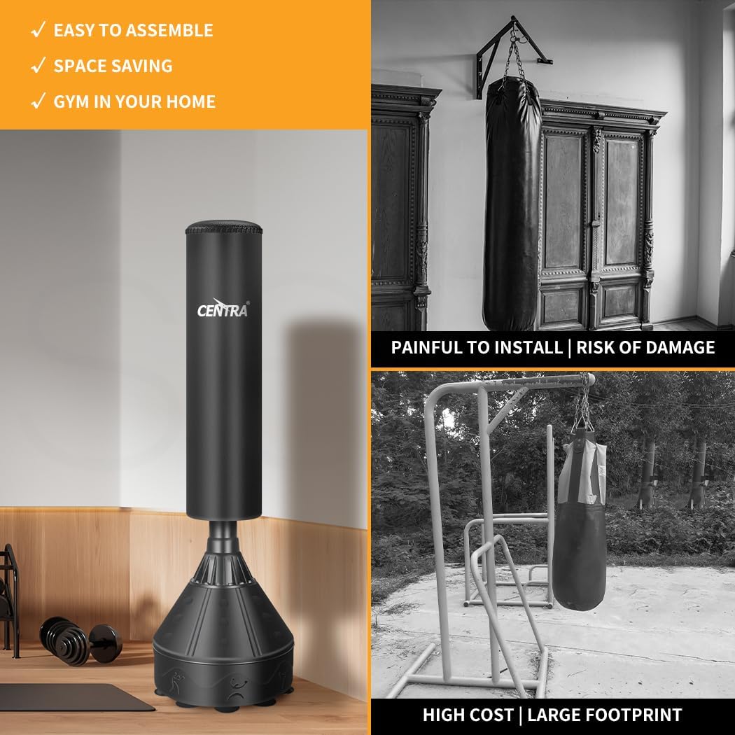 Centra Boxing Punching Bag Free Standing Speed Bag Kick Training 170cm/175cm, Strong Suction Cup Boxing Bag with Punching Kicking Zone, Freestanding Heavy Punching Bag for Home, Office, Gym, Black