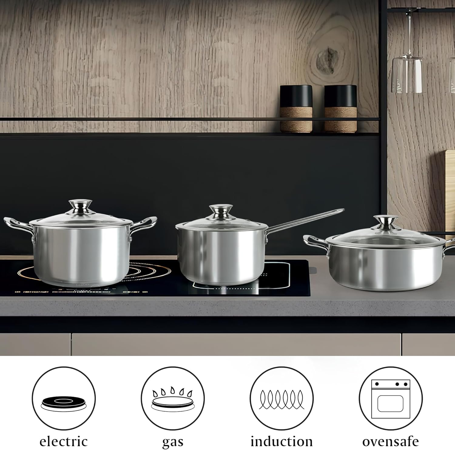 Stainless Steel Pots and Pans Set, 7-Piece Kitchen Cookware Sets with Glass Lids, Stay-Cool Handle, Oven Safe, Works with Induction, Electric and Gas Cooktops