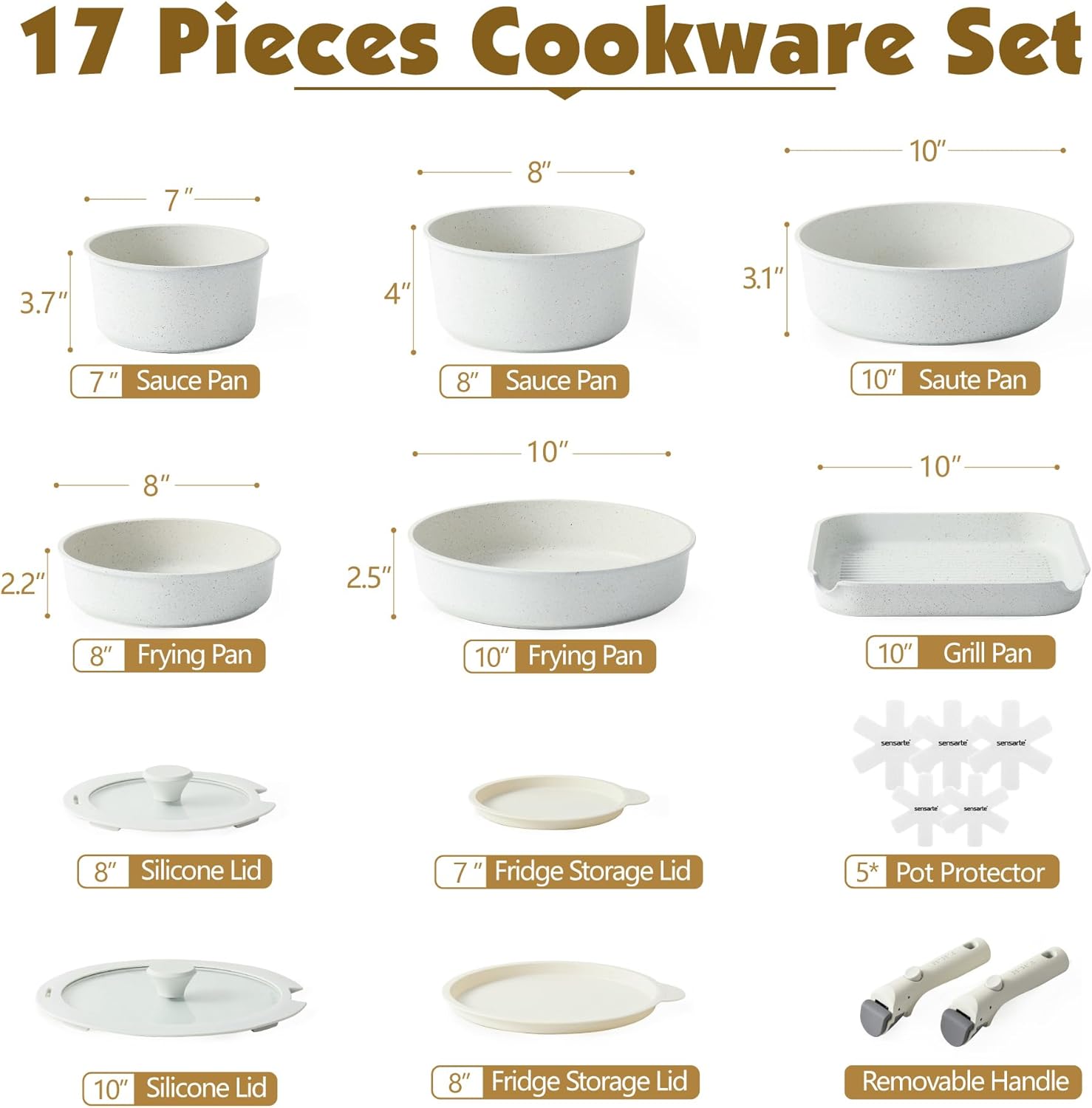 SENSARTE 17 Piece Pots and Pans Set, Nonstick Detachable Handle Cookware, Induction Kitchen Cookware Set with Removable Handle, Healthy Non Stick RV Cookware, Dishwasher ＆ Oven Safe, (Black)