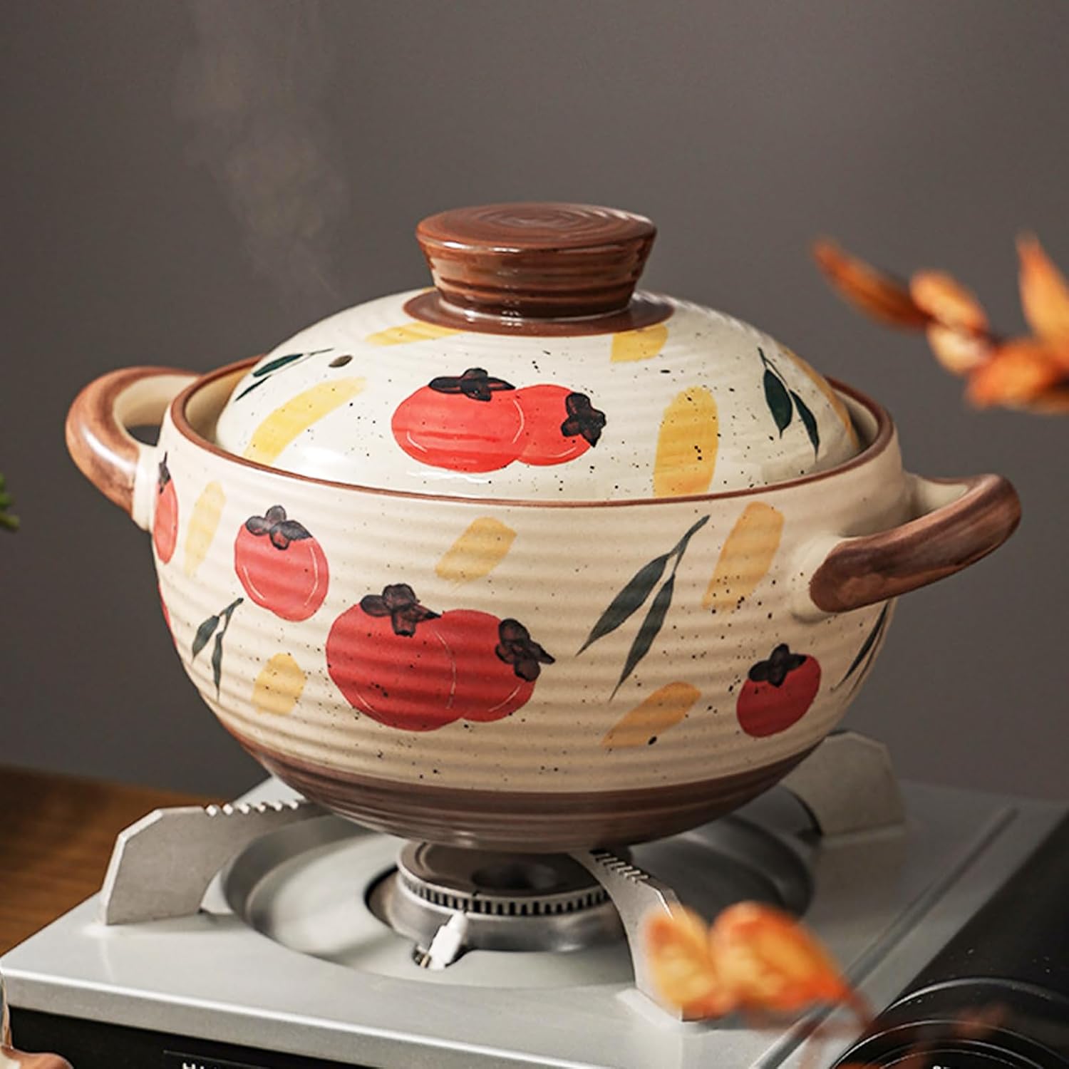 Ceramic Casserole Dish, Clay Pot, Earthen Pot Cookware with Lid, Stockpot for Stew, Soup, Steam, Oven Safe-Heat Resistant (FlowersPlants, 3.7QT)