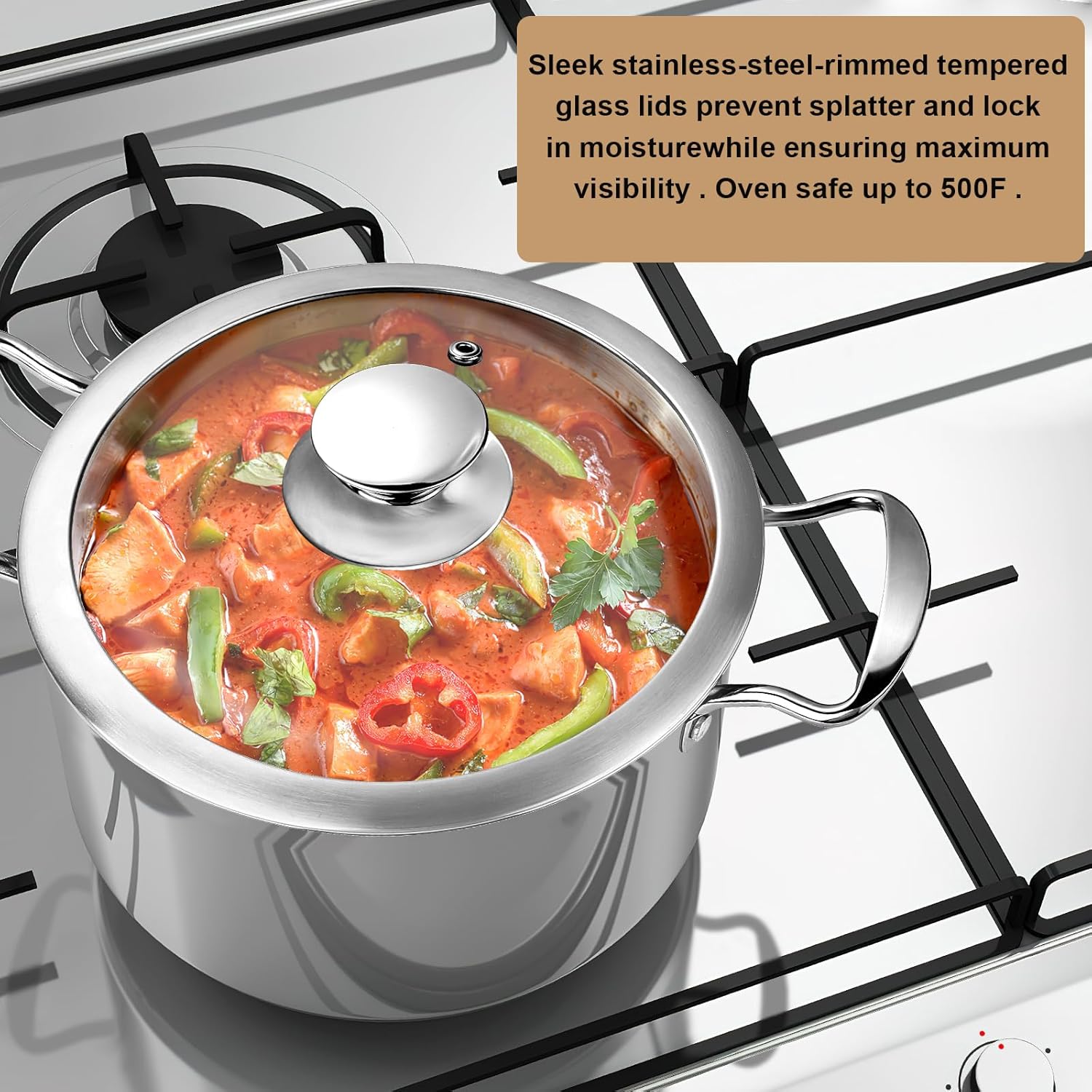 Stainless Steel Pots and Pans Set, 7-Piece Kitchen Cookware Sets with Glass Lids, Stay-Cool Handle, Oven Safe, Works with Induction, Electric and Gas Cooktops
