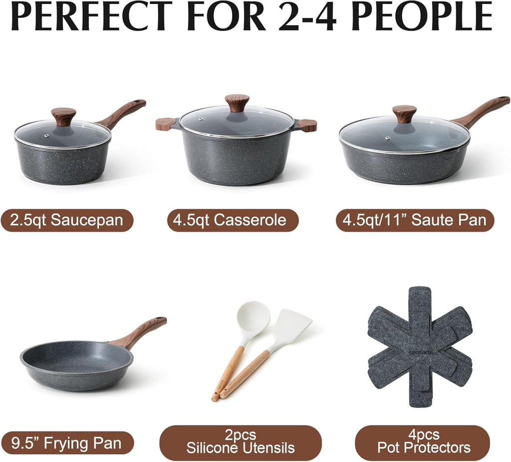 SENSARTE Nonstick Ceramic Cookware Set 13-Piece, Healthy Pots and Pans Set, Non-Toxic Kitchen Cooking Set with Stay-Cool Handles, Silicone Tools and Pot Protectors