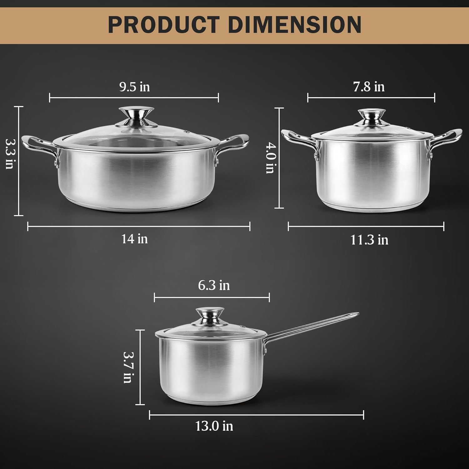 Stainless Steel Pots and Pans Set, 7-Piece Kitchen Cookware Sets with Glass Lids, Stay-Cool Handle, Oven Safe, Works with Induction, Electric and Gas Cooktops