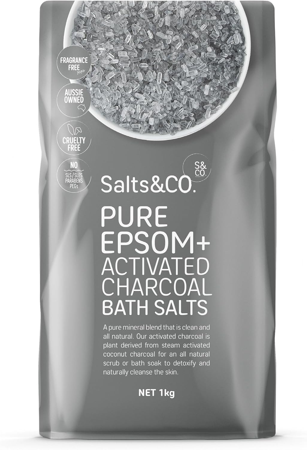 Salts & Co. Pure Epsom & Activated Charcoal Bath Salts 1kg | Unscented Magnesium Sulphate Soaking Salts for Bath & Foot Soaks, Home Spa & Self-Care Rituals