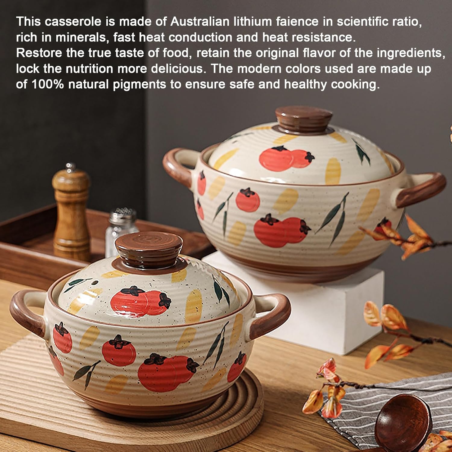Ceramic Casserole Dish, Clay Pot, Earthen Pot Cookware with Lid, Stockpot for Stew, Soup, Steam, Oven Safe-Heat Resistant (FlowersPlants, 3.7QT)
