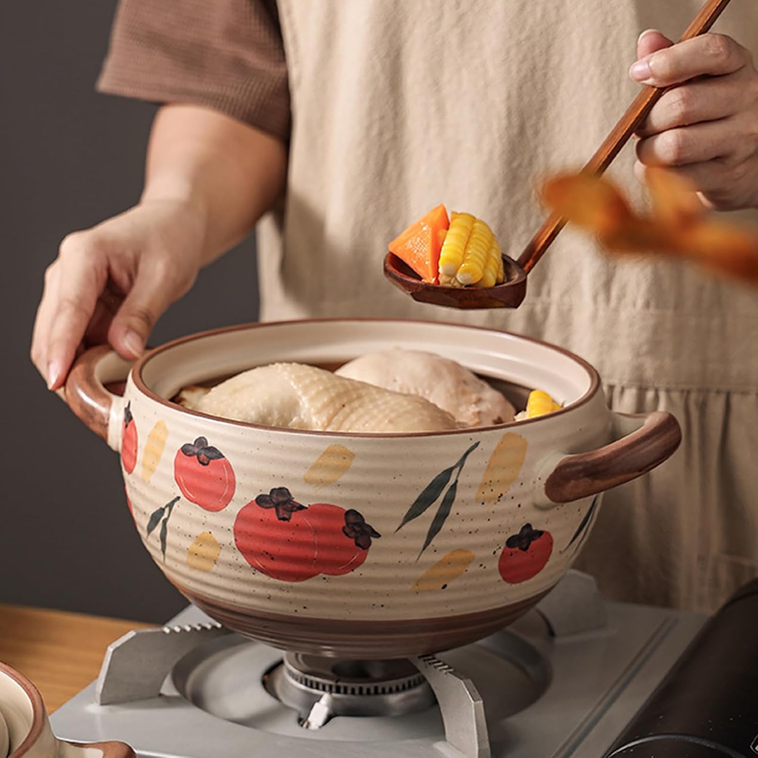 Ceramic Casserole Dish, Clay Pot, Earthen Pot Cookware with Lid, Stockpot for Stew, Soup, Steam, Oven Safe-Heat Resistant (FlowersPlants, 3.7QT)