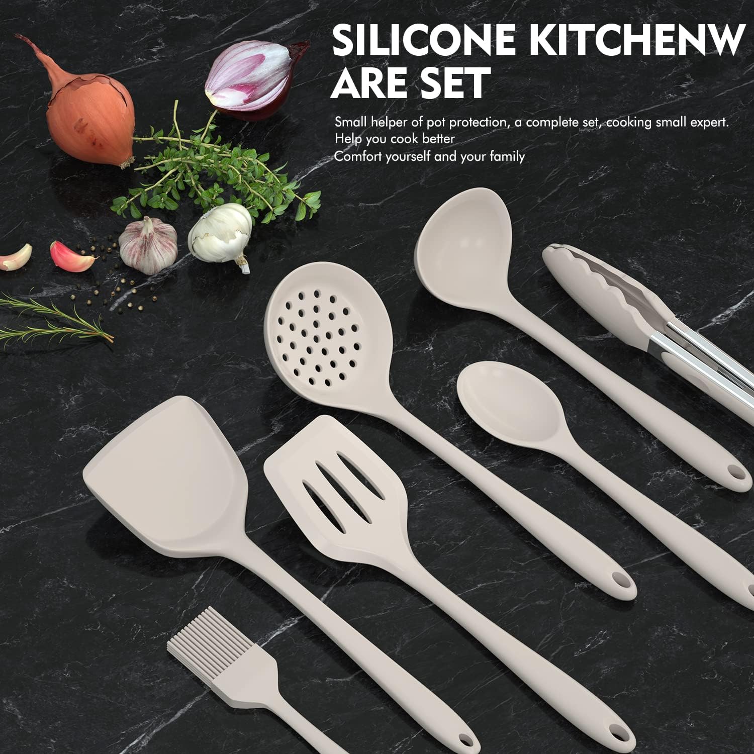 Dishwasher Safe Silicone Cooking Utensils Set - 446°F Heat Resistant Basic Silicone Kitchen Utensils,Turner Tongs, Spatula, Spoon, Brush, Whisk, Gadgets Tools for Nonstick Cookware (BPA Free - Khaki)