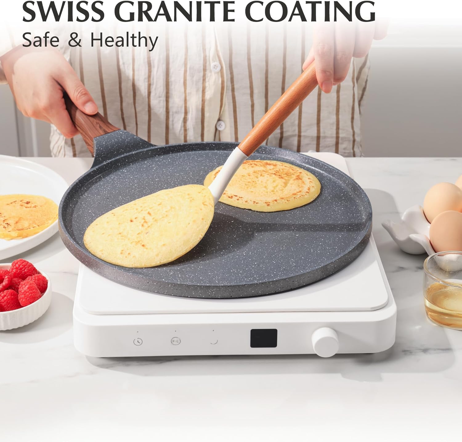 SENSARTE Nonstick Crepe Pan, Swiss Granite Coating Dosa Pan Pancake Flat Skillet Tawa Griddle 10-Inch with Stay-Cool Handle, Induction Compatible, PFOA Free