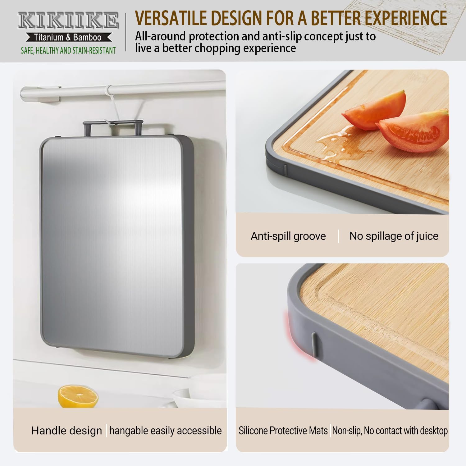 Titanium Cutting Board Double Sided Bamboo Cutting Board for Kitchen Double Sided Food Grade, Pure titanium & Bamboo Cutting Boards, Non-Stick Durable and easy to clean