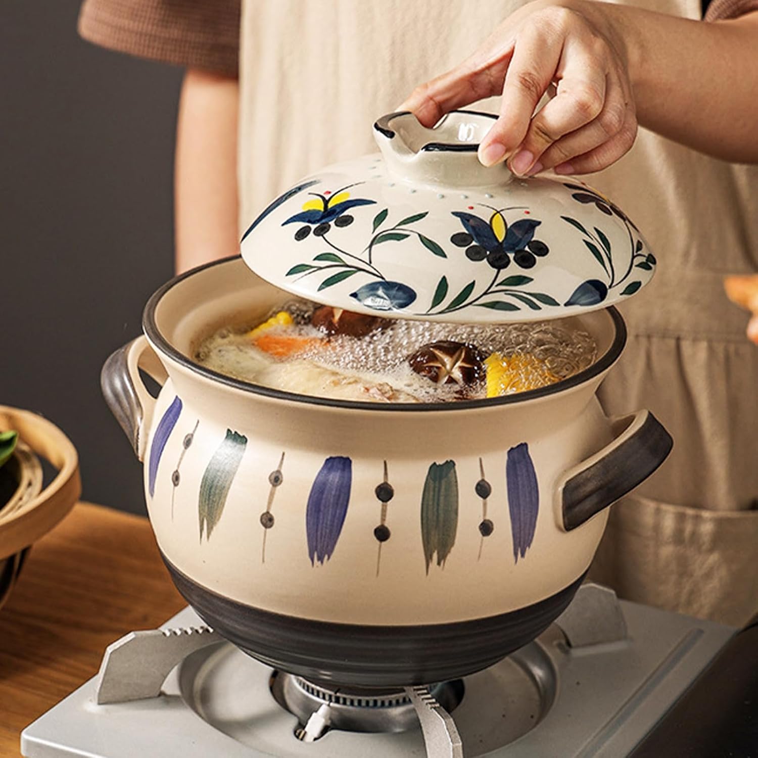 Ceramic Casserole Dish, Clay Pot, Earthen Pot Cookware with Lid, Stockpot for Stew, Soup, Steam, Oven Safe-Heat Resistant (FlowersPlants, 3.7QT)
