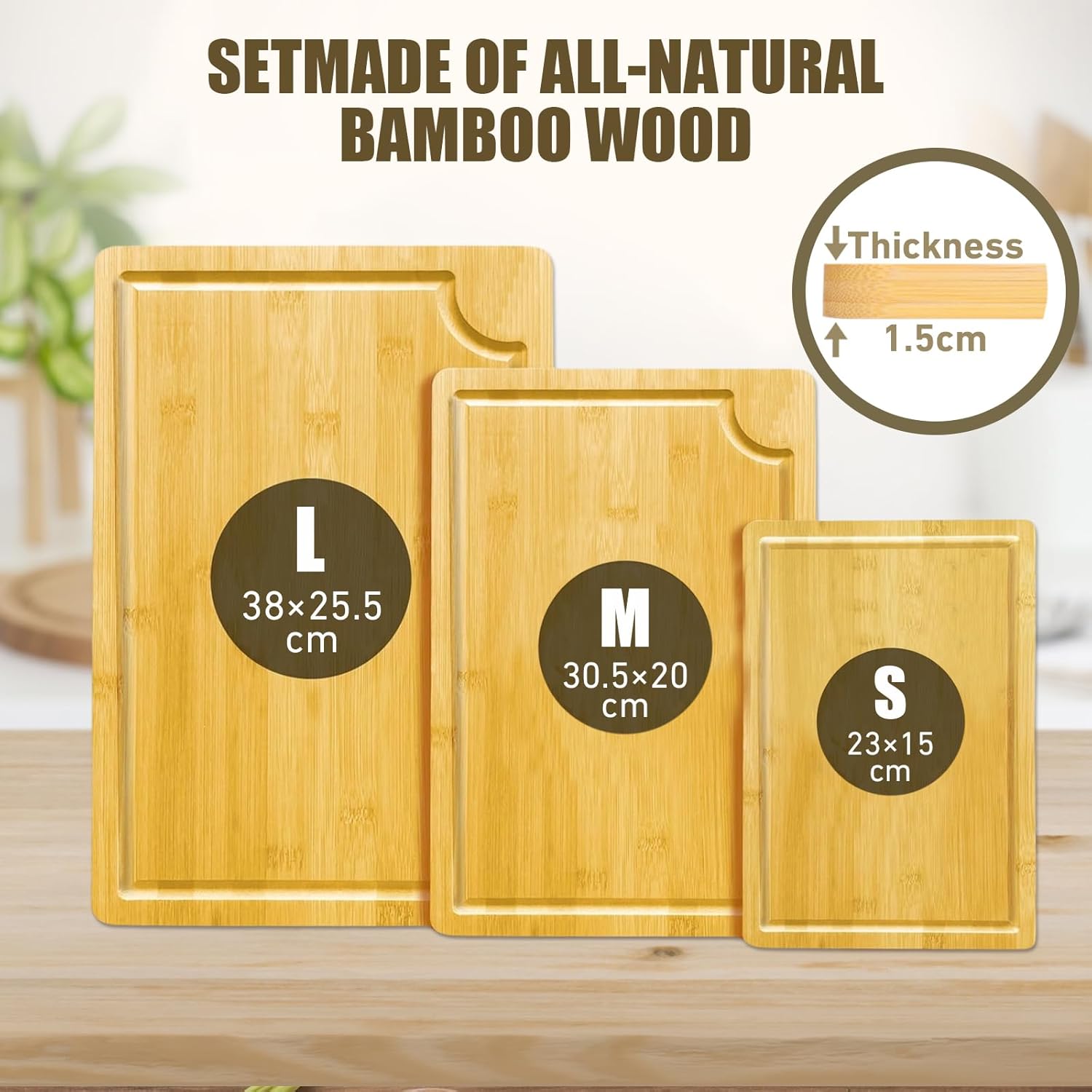OKUYOSHI Wooden Chopping Board Set of 3, 1.5cm Thickness Bamboo Cutting Boards, Mats & Sets with Holder